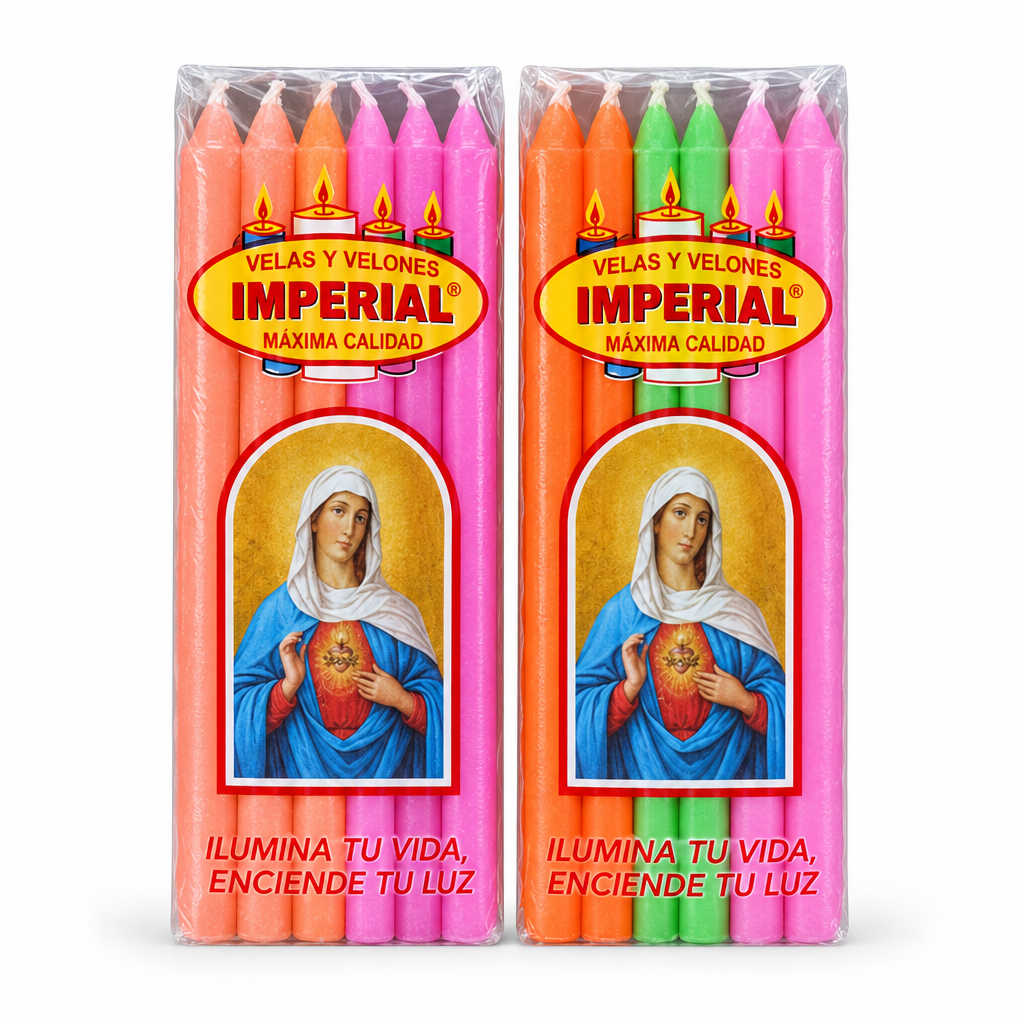 Paquetes de velas Imperial de colores sobre fondo blanco