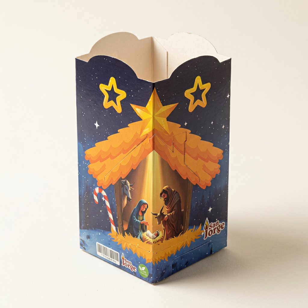 Farolito navideño con diseño de nacimiento y estrellas