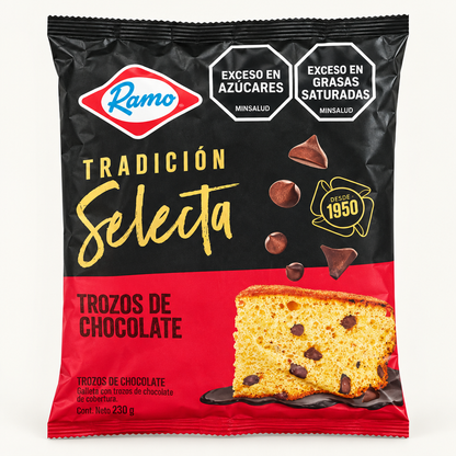 Ponqué Ramo Tradición Selecta Trozos de Chocolate sobre fondo claro