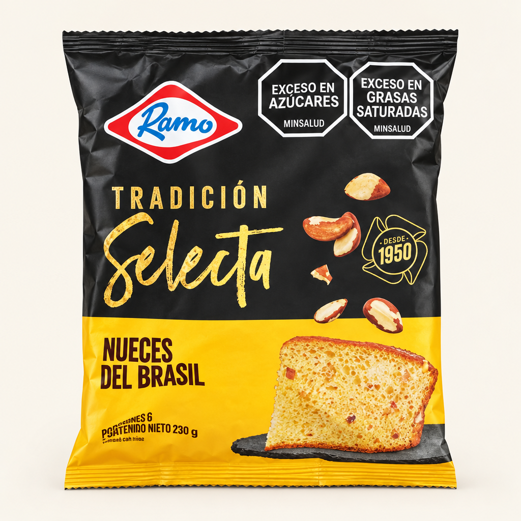 Empaque del ponqué Ramo Tradición Selecta Nueces del Brasil de 230 g