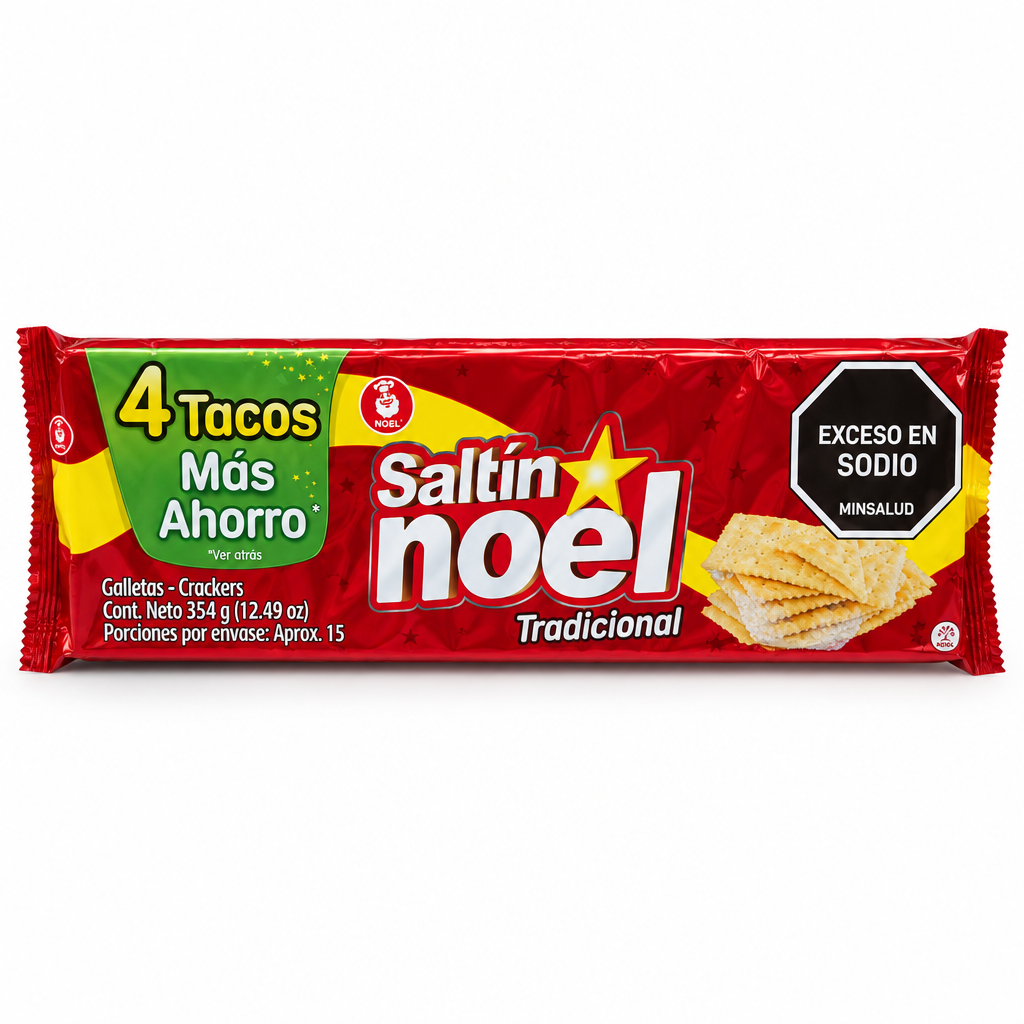Paquete Saltín Noel Tradicional de 4 tacos y 354 g, sobre fondo blanco limpio