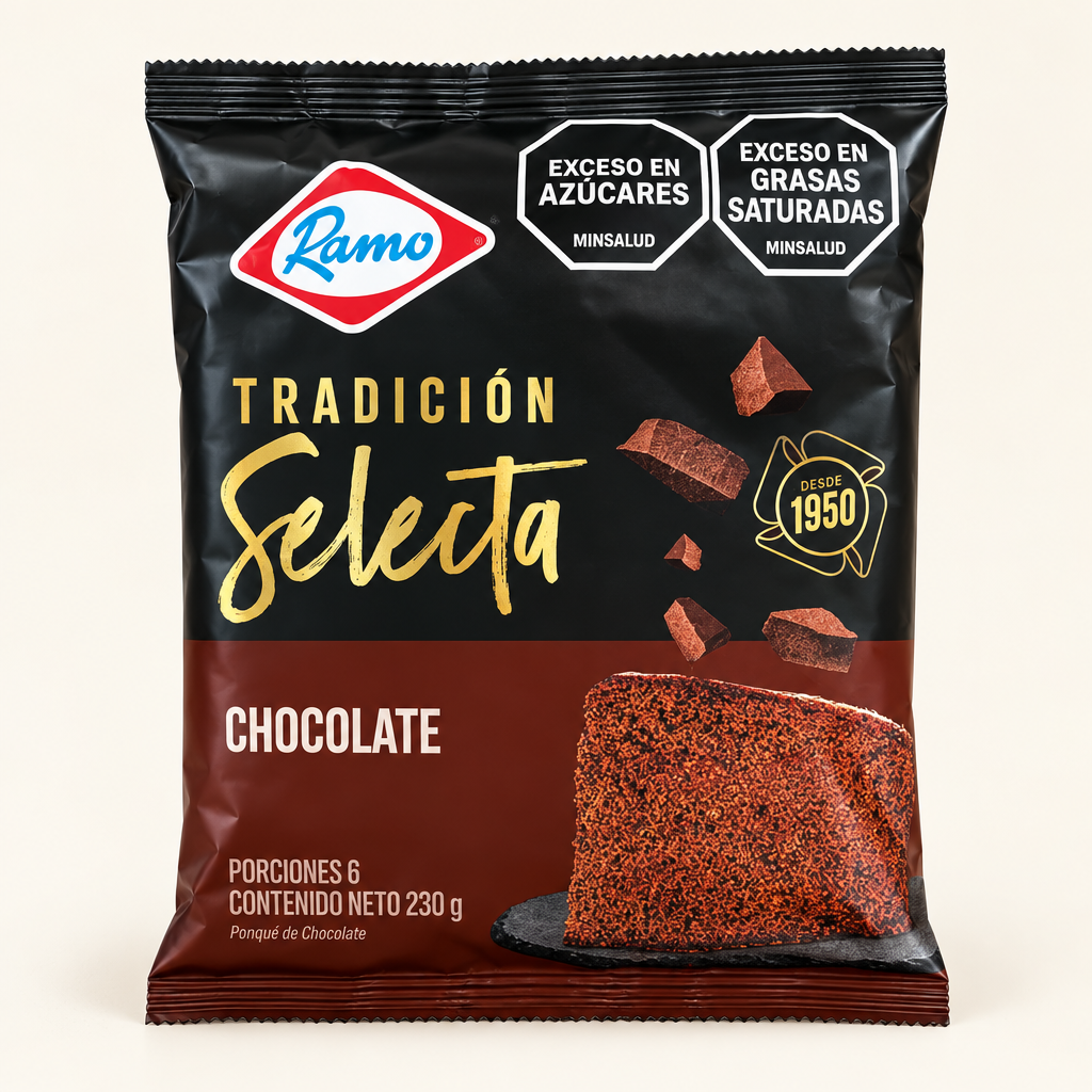Empaque de ponqué Ramo Tradición Selecta Chocolate de 230 g sobre fondo claro