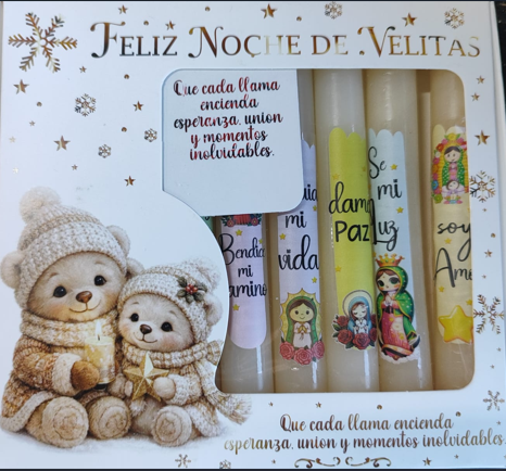 Caja decorativa navideña con velas de mensajes e ilustraciones