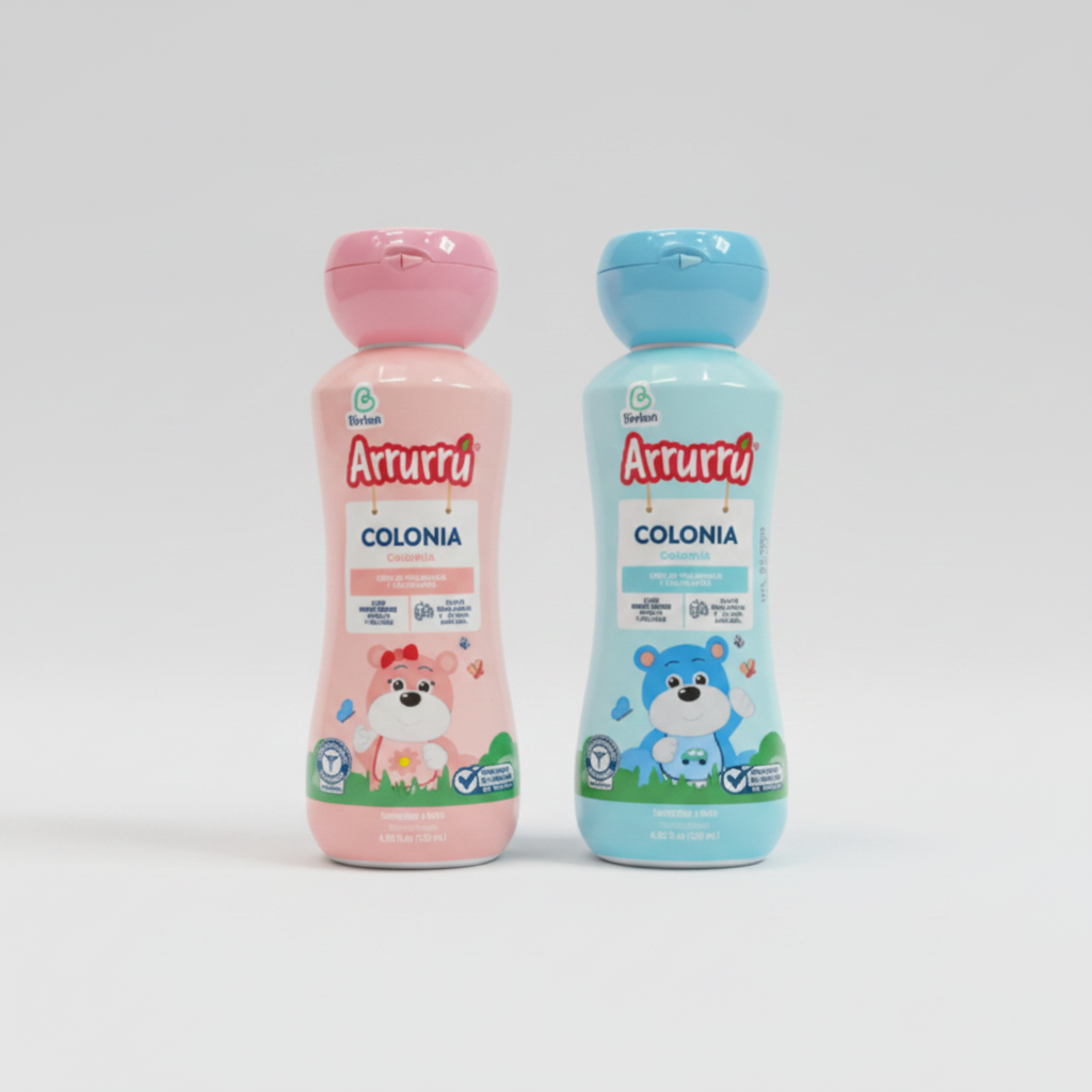 Dos colonias Arruru de 120 ml, una rosada y una azul, sobre fondo limpio