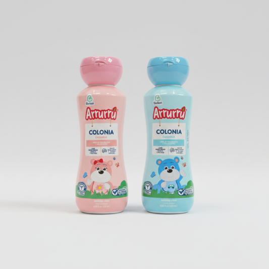 Dos colonias Arruru de 120 ml, una rosada y una azul, sobre fondo limpio