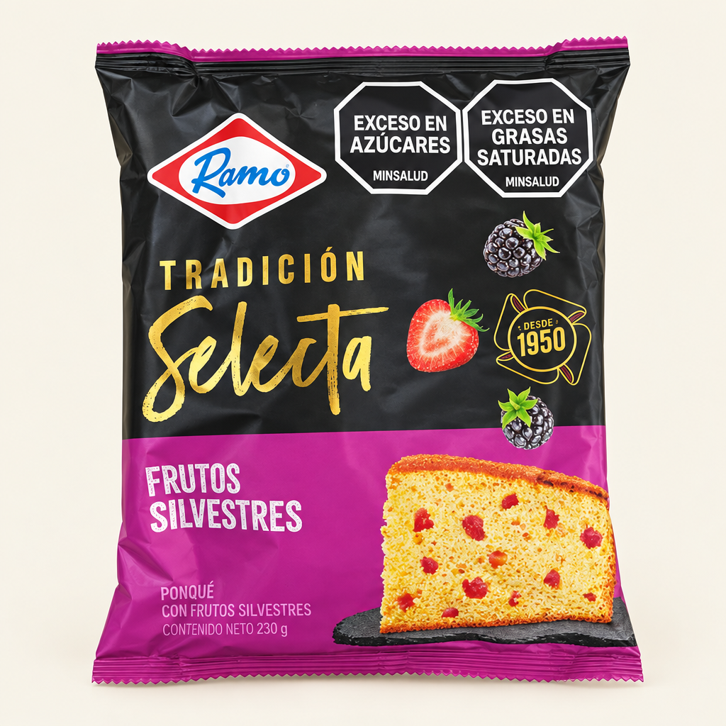 Ponqué Ramo Tradición Selecta Frutos Silvestres, empaque de 230 g sobre fondo claro