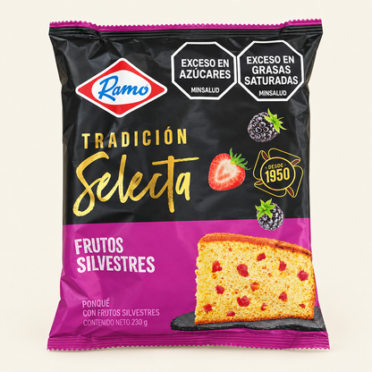 Ponqué Ramo Tradición Selecta Frutos Silvestres, empaque de 230 g sobre fondo claro
